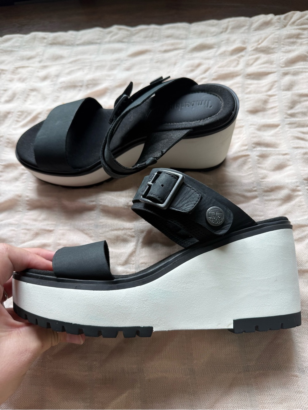 Timberland Black Platform Wedge Sandals with White Sole - Picture 3 of 9